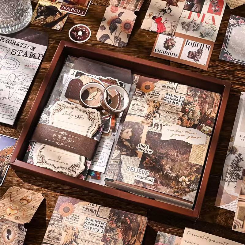 Vintage Journal Gift Box Set for DIY Crafts(Contains 140 kinds of materials)